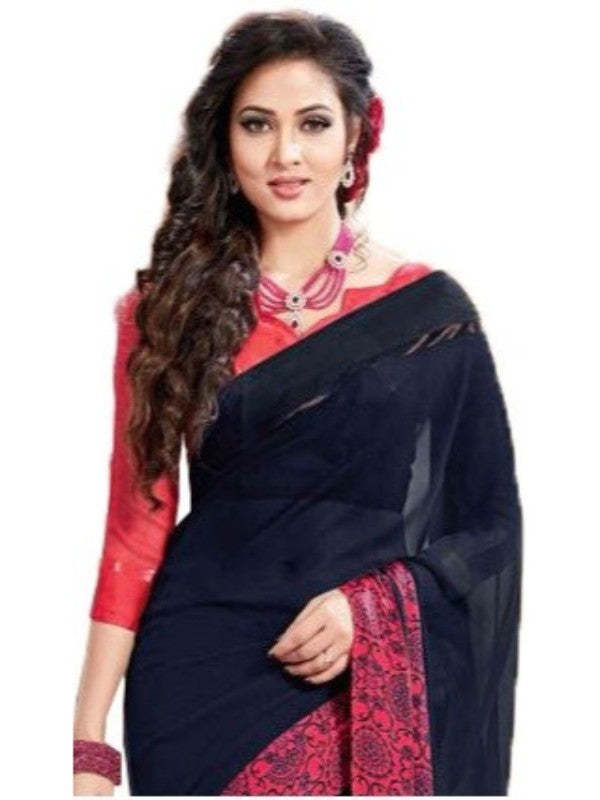 Georgette Digital Saree With Blouse-Navy Blue