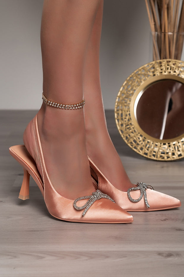 High-heeled shoes with decorative bow, beige